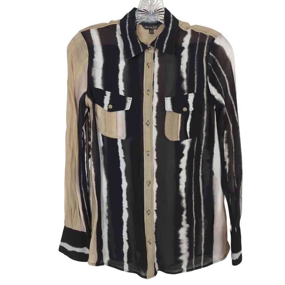 Massimo Dutti black and Taupe Tie dyed sheer long sleeve button front blouse 2